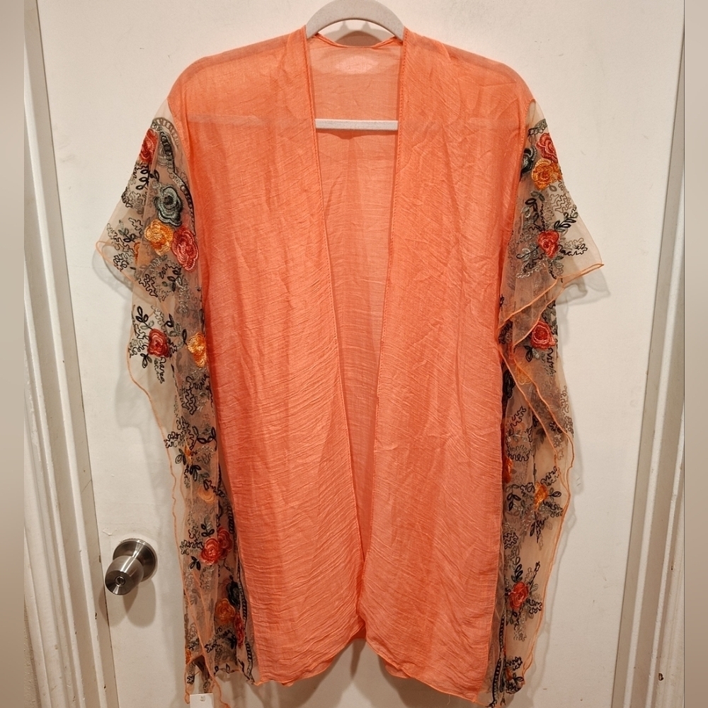 Love Of Fashion NWT Coral Lightweight Kimono Cardigan Sheer Embroidered Sleeves